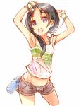  :o armpits arms_up black_hair bottle hair_ornament hairclip hato_haru highres idolmaster idolmaster_cinderella_girls long_hair midriff open_fly open_mouth panties purple_eyes rookie_trainer short_shorts shorts simple_background solo sweat tan tanline trainer_(idolmaster) underwear unzipped water_bottle white_background wristband 