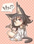  :&lt; animal_ears black_hair cat_ears cat_tail chain checkered checkered_background choker fish fork gunjima_souichirou heterochromia looking_back original red_eyes shirt solo speech_bubble tail yellow_eyes 