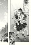  air_bubble asou_shin braid breath bubble comic doujinshi highres hong_meiling hug izayoi_sakuya kiss monochrome mouth_to_mouth multiple_girls short_hair submerged swimming touhou underwater water yuri 