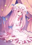  bad_id bad_pixiv_id barefoot crescent curtains dress flower hat holding holding_flower long_hair looking_at_viewer mizuse_kiseki patchouli_knowledge purple_eyes purple_hair sitting solo star striped touhou 