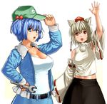  :o adapted_costume adjusting_clothes adjusting_hat animal_ears arm_up bare_shoulders baseball_cap belt blue_eyes blue_hair breasts cleavage detached_sleeves grey_hair hair_bobbles hair_ornament hand_on_headwear hand_on_hip hat hat_tip holding inubashiri_momiji kawashiro_nitori large_breasts looking_at_viewer midriff multiple_girls open_clothes open_shirt pom_pom_(clothes) red_eyes shirt short_hair simple_background skirt skirt_set standing tank_top tkln touhou two_side_up waving white_background wolf_ears wrench 