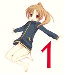  :d bad_id bad_pixiv_id bare_legs barefoot bottomless brown_hair jacket jumping long_hair long_sleeves naked_track_jacket no_panties no_pants open_mouth outstretched_arms ponytail red_eyes saki saki_achiga-hen smile solo spread_arms takakamo_shizuno tokumi_yuiko track_jacket 