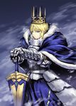  ahoge armor armored_dress artoria_pendragon_(all) avalon_(fate/stay_night) blonde_hair blue_cape cape cowboy_shot crown dress excalibur fate/zero fate_(series) faulds gauntlets green_eyes hair_ribbon hands_on_hilt highres nyan_(themare) ribbon saber sheath sheathed solo sword weapon 