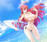  ahoge barefoot bespectacled bikini bikini_bottom breasts cleavage glasses groin haganef highres hips huge_ahoge huge_breasts long_hair navel ocean okine_(okitakung) original red_eyes red_hair running shirt side-tie_bikini solo string_bikini surfboard swimsuit thighs thong_bikini tied_shirt wide_hips 