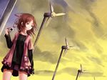  brown_eyes brown_hair camera cloud highres meteor_shower original reio_reio sky smile solo windmill 