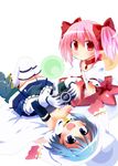  :d armband bed_sheet blue_eyes blue_hair bow cameo cape gloves hair_bow handheld_game_console highres kaname_madoka looking_at_viewer lying magical_girl mahou_shoujo_madoka_magica miki_sayaka multiple_girls on_back open_mouth pillow pink_eyes pink_hair playstation_portable short_hair short_twintails sitting smile thighhighs twintails white_background yuuhi_alpha zettai_ryouiki 