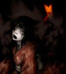  black_hair bug butterfly darkness empty_eyes fatal_frame fatal_frame_2 genk ghost grey_eyes grey_skin highres insect japanese_clothes kimono obi open_mouth sash solo tachibana_chitose tears white_skin 