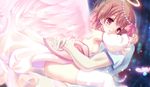  1girl brown_eyes brown_hair circlet cum detached_sleeves feathered_wings feathers flat_chest game_cg hair_ribbon halo hetero hug jewelry nipples ooba_maya_(tsukumonotsuki) ribbon sex thighhighs tsukishima_yuuko tsukumonotsuki white_legwear wings 