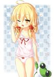  ahoge arm_up beritabo blonde_hair blush bow camisole checkered checkered_background hair_bow moriya_suwako one_eye_closed open_mouth panties pink_panties rubbing_eyes solo strap_slip stuffed_animal stuffed_frog stuffed_toy tears touhou underwear underwear_only waking_up yellow_eyes younger 