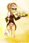  alcohol applejack_(mlp) beverage blonde_hair bottomless cider clothing cowboy_hat equine female freckles friendship_is_magic green_eyes hair hat horse kohtek long_hair mammal my_little_pony necktie outfit pony shirt solo standing suit waiter 