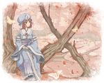  bug butterfly cherry_blossoms hat highres insect japanese_clothes night247 obi pink_hair red_eyes ribbon river saigyouji_yuyuko sash short_hair sitting smile solo touhou tree triangular_headpiece water 