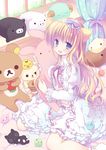  :d animal_ears bad_id bad_pixiv_id blonde_hair blue_eyes cat_ears dress hairband hug long_hair looking_at_viewer mizuse_kiseki open_mouth original sitting smile socks solo stuffed_animal stuffed_bunny stuffed_pig stuffed_toy teddy_bear 