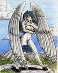  blue_hair breasts cloud covering_up equine female hair mammal mountain pegasus pose pussy sky solo sudonym wings 
