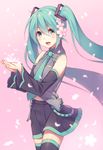  aqua_eyes aqua_hair bare_shoulders cherry_blossoms detached_sleeves flower hair_flower hair_ornament hatsune_miku long_hair looking_at_viewer navel open_mouth petals pink_background skirt smile solo sugimeno thighhighs twintails very_long_hair vocaloid zettai_ryouiki 
