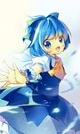  ascot bad_id bad_pixiv_id blue_dress blue_eyes blue_hair bow cirno dress hair_bow open_mouth outstretched_arms pf shirt short_hair smile solo touhou wings wrist_cuffs 