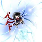  asymmetrical_wings black_hair black_legwear blue_wings blush chibi houjuu_nue open_mouth polearm red_wings short_hair smile solid_circle_eyes solo touhou weapon wings yume_shokunin 