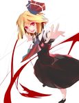  ascot blonde_hair dress fang hair_ribbon looking_at_viewer open_mouth outstretched_arms outstretched_hand red_eyes ribbon rumia short_hair simple_background smile solo tatwuku touhou white_background 