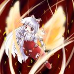  blush fire fujiwara_no_mokou highres long_hair red_eyes silver_hair smile solo suspenders touhou very_long_hair wings yume_shokunin 