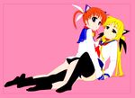  animal_ears blonde_hair blue_eyes blush brown_hair cat_ears fate_testarossa hair_ribbon highres long_hair lyrical_nanoha mahou_shoujo_lyrical_nanoha mine_(peak) multiple_girls red_eyes ribbon takamachi_nanoha thighhighs very_long_hair 