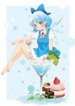  bare_legs barefoot berry_jou blue_eyes blue_hair blue_skirt blush bow cake cirno cocktail_glass cup drinking_glass food fruit hair_bow in_container lemon minigirl mundane_utility shirt short_hair sitting skirt smile solo strawberry touhou wings 