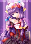  alternate_costume bad_id bad_pixiv_id bare_shoulders book bustier crescent detached_collar detached_sleeves grandia_bing hat highres long_hair patchouli_knowledge puffy_sleeves purple_eyes purple_hair short_sleeves smile solo striped touhou 