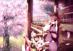  2girls animal_ears architecture bad_id bad_pixiv_id cherry_blossoms east_asian_architecture fox_ears fox_tail highres japanese_clothes jebura kimono multiple_girls nature original petals scenery spring_(season) tail tree 