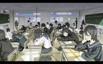  6+girls bad_id bad_pixiv_id classroom copyright_request desk indoors multiple_boys multiple_girls noose rain school_desk school_uniform usi 
