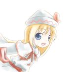  :d blonde_hair blush buttons dress hat kusaba_(kusabashiki) lily_white long_sleeves looking_at_viewer open_mouth simple_background smile solo touhou upper_body white_background white_dress white_hat 