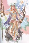  bare_shoulders fantasy flower gradient_hair highres iwasaki_minako long_hair midriff multicolored_hair navel off_shoulder original pink_eyes pink_hair purple_hair sandals scan sitting solo staff veil very_long_hair 