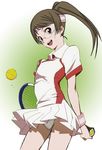  billy_katagiri brown_hair crossdressing glasses grey_eyes gundam gundam_00 headband long_hair male_focus panties parody ponytail racket skirt solo tengen_toppa_gurren_lagann tennis tennis_racket third-party_edit underwear white_panties wristband 