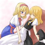  :o alice_margatroid apron black_dress blonde_hair blue_dress capelet closed_eyes dress frills hairband hat hat_removed headwear_removed kirisame_marisa multiple_girls parted_lips puffy_short_sleeves puffy_sleeves short_hair short_sleeves touhou waist_apron witch_hat yurusuke 