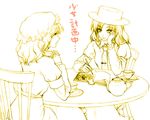  chin_rest cup egawa_satsuki hands_clasped hat maribel_hearn monochrome multiple_girls necktie own_hands_together saucer shoujo_kitou-chuu sitting table teacup teapot touhou translated usami_renko writing yellow 