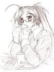  ahoge akimoto_dai brown copyright_request eating glasses hair_ornament hairclip long_hair monochrome ponytail sketch solo 