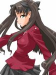  black_skirt blue_eyes brown_hair cowboy_shot fate/stay_night fate_(series) long_hair long_sleeves looking_at_viewer pleated_skirt shinama sidelocks simple_background skirt solo sweater toosaka_rin two_side_up very_long_hair white_background 