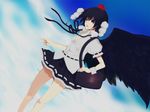  bad_id bad_pixiv_id bag banned_artist black_hair black_wings expressionless flying harano hat looking_at_viewer open_mouth shameimaru_aya short_hair solo touhou wings 