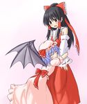  bat_wings black_hair blush bow brown_eyes closed_eyes detached_sleeves dress hair_bow hair_tubes hakurei_reimu happy hat hug long_hair multiple_girls open_mouth purple_hair remilia_scarlet ribbon smile touhou wings yurusuke 