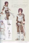  armor belt brown_eyes fantasy ferio_alseif fingerless_gloves gloves highres iwasaki_minako male_focus multiple_persona official_art purple_hair scan sketch sora_no_kane_no_hibiku_hoshi_de sword translation_request weapon 