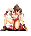  breasts brown_eyes brown_hair cleavage fan fatal_fury large_breasts long_hair mouth_hold pelvic_curtain shiranui_mai snk solo the_king_of_fighters zekkyon 