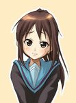  blue_sailor_collar blush brown_eyes brown_hair genderswap genderswap_(mtf) hiro_kazuki kita_high_school_uniform kyonko lowres ponytail sailor_collar school_uniform serafuku smile solo suzumiya_haruhi_no_yuuutsu 