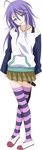  absurdres ahoge bare_shoulders blue_eyes highres long_hair multicolored multicolored_clothes multicolored_legwear purple_hair rosario+vampire shirayuki_mizore skirt solo striped striped_legwear thigh_strap thighhighs vector_trace zettai_ryouiki 