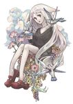  albino animal animal_ears animal_on_shoulder bad_id bad_pixiv_id bird bird_on_hand bird_on_shoulder cloud copyright_request flower long_hair nishihara_isao red_eyes shoe_dangle solo sweater white_hair 