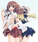  blonde_hair bow brown_hair copyright_request green_eyes hug midriff multiple_girls one_eye_closed shirt skirt wakaba 