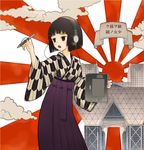  black_hair comiket drawing_tablet hakama headphones japanese_clothes meiji_schoolgirl_uniform purple_hakama red_eyes rising_sun sayonara_zetsubou_sensei short_hair solo sorethroat sunburst tokyo_big_sight tsunetsuki_matoi wacom yagasuri 