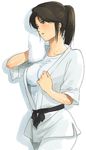  blush breasts brown_eyes brown_hair cowboy_shot dougi japanese_clothes kidou_keisatsu_patlabor medium_breasts mizuhara_aki nagumo_shinobu open_clothes open_shirt ponytail sash shirt solo sweat towel 