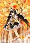  autumn black_hair black_wings fan hat hauchiwa leaf legs looking_at_viewer red_eyes sato-pon shameimaru_aya short_hair smile solo tokin_hat touhou tree wings 