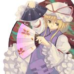  artist_request blonde_hair dual_wielding eyes fan folding_fan gap hat holding long_hair ribbon solo touhou yakumo_yukari yellow_eyes 