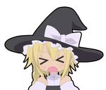  &gt;_&lt; blonde_hair chibi closed_eyes frills hat kirisame_marisa kusaba_(kusabashiki) kusakabe_misao long_sleeves lucky_star parody sidelocks simple_background solo touhou upper_body white_background wince witch_hat 