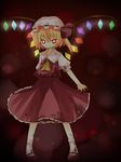  ascot blonde_hair collar crystal dress flandre_scarlet frills full_body hat legs_apart mob_cap one_side_up puffy_short_sleeves puffy_sleeves red_dress red_eyes short_sleeves solo standing touhou wings yuzuki_(yuduame) 