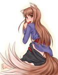  animal_ears barefoot brown_hair eating holo long_hair mouth_hold red_eyes scharfschutze solo spice_and_wolf tail 