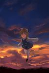  bad_id bad_pixiv_id blonde_hair flying hat kirieppa moriya_suwako short_hair sky solo sunset thighhighs touhou yellow_eyes 